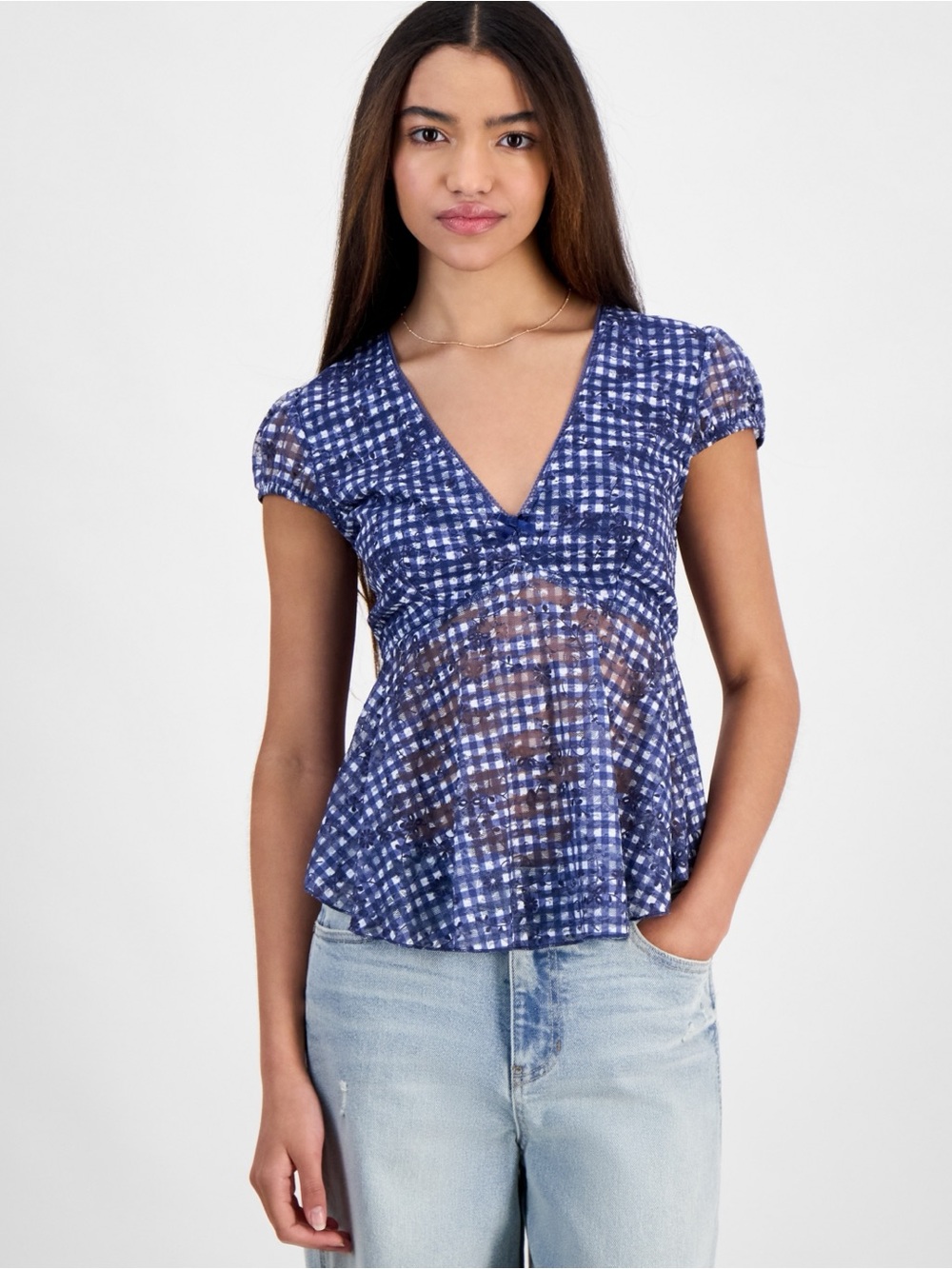 Y2K Madden Girl Navy Blue Gingham Micro Mesh Floral Lace Babydoll Blouse L Boho